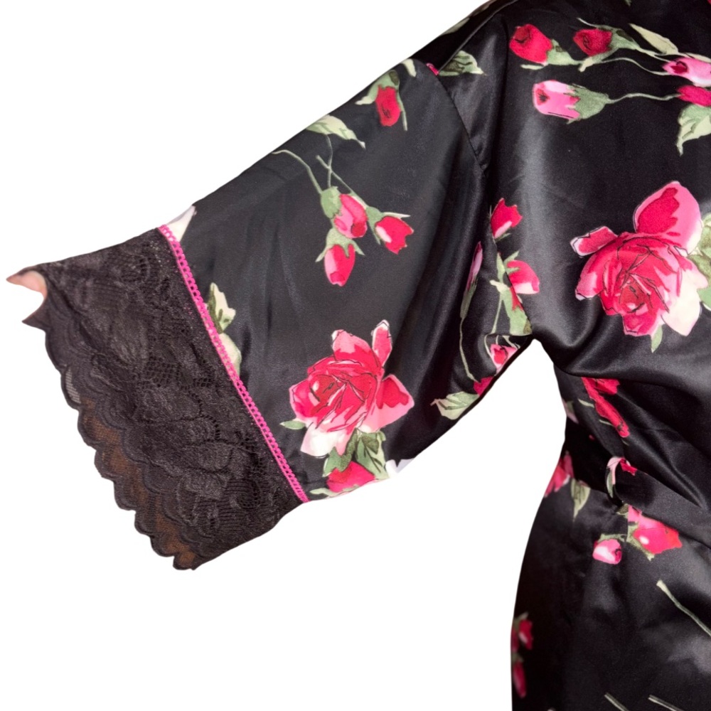 Linea Donatella Luxury Floral Print Lace Trim Wrap Robe rose black satin small - Picture 5 of 9